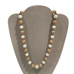 Woman's Vintage Round Brass and White glass Beaded Necklace